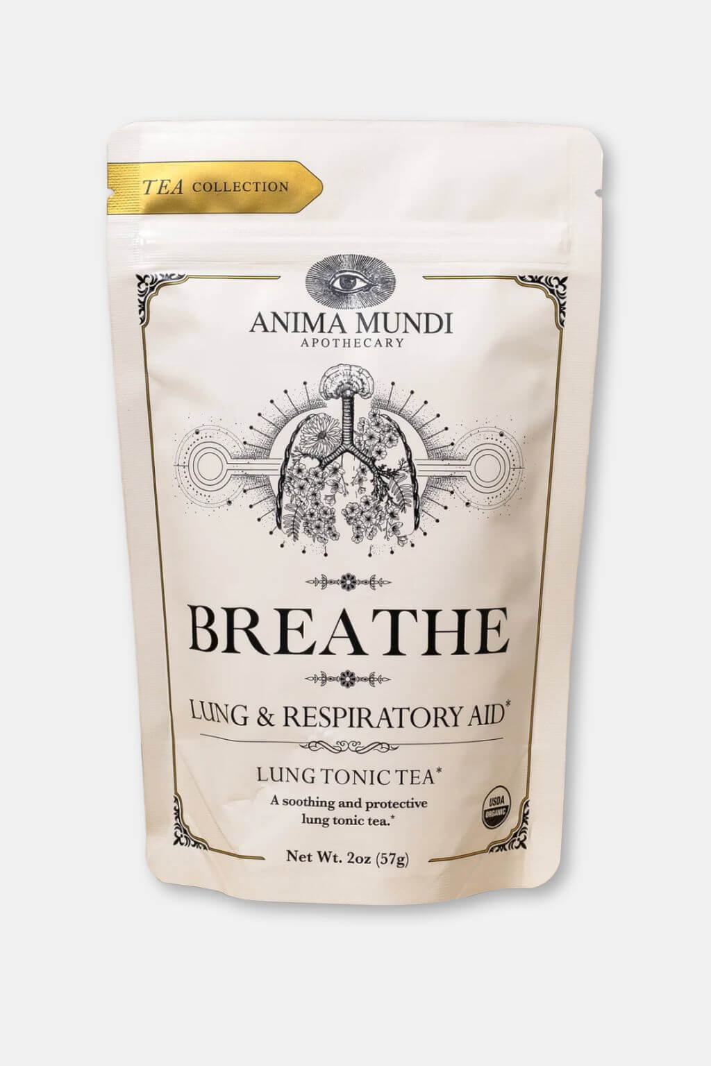 Anima Mundi Apothecary Breathe Lung & Respiratory Aid Lung Tonic Tea in a 2 oz stand-up pouch, featuring a cream-colored label with black text and an anatomical illustration of lungs, set against a light gray background.