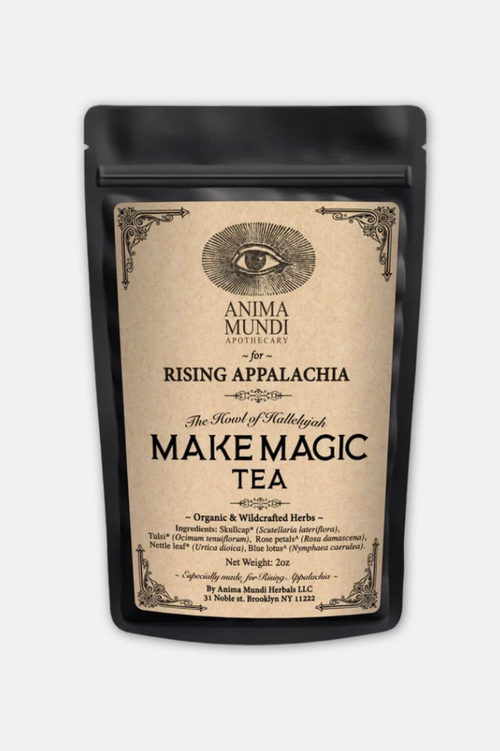 Make Magic Tea pouch with 'Anima Mundi' branding on a white background