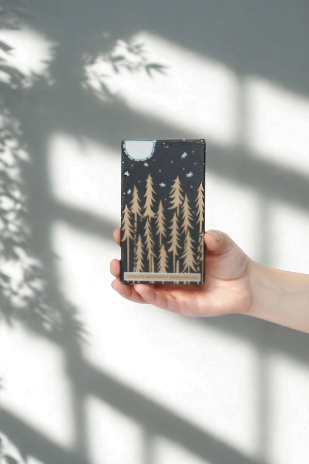 Hand holding Advent calendar box with gold forest and moon illustration, dappled shadows falling softly across the wall.