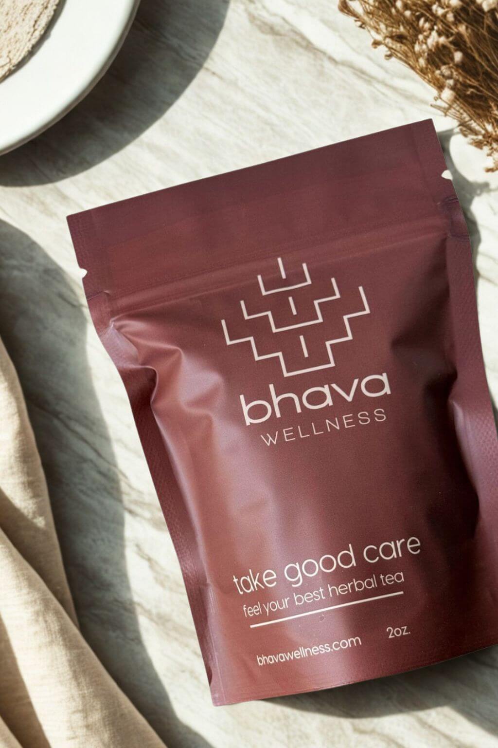 Bhava Wellness organic herbal tea pouch with dried grasses