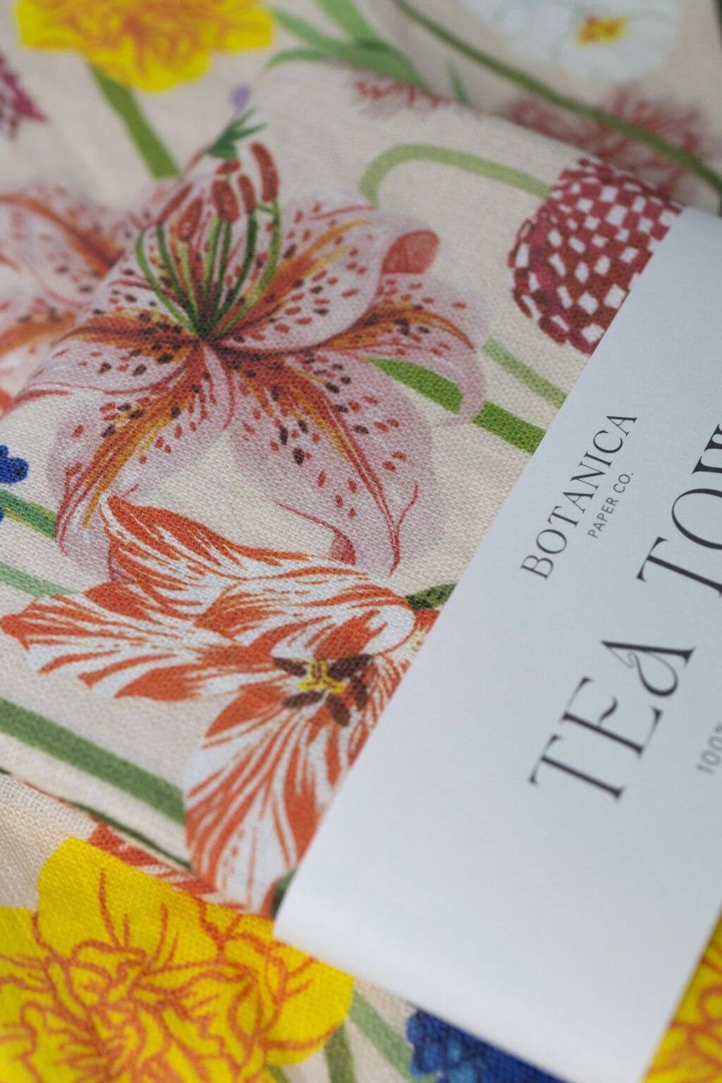 Close-up of botanical floral linen kitchen towel fabric