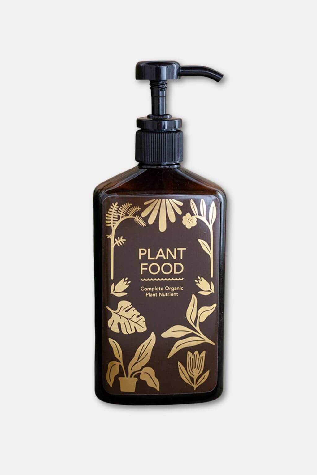 Organic plant nutrient amber pump bottle with botanical design