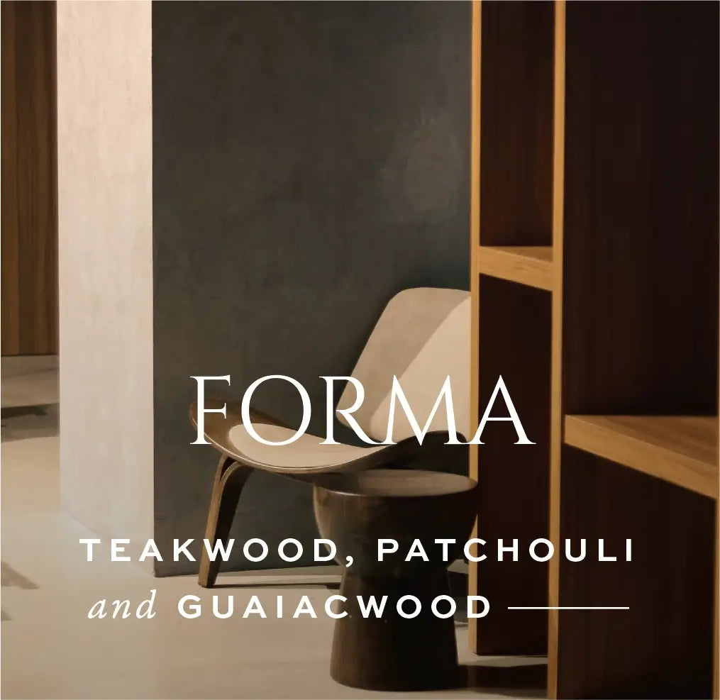 Forma candle fragrance inspiration with teakwood and patchouli notes