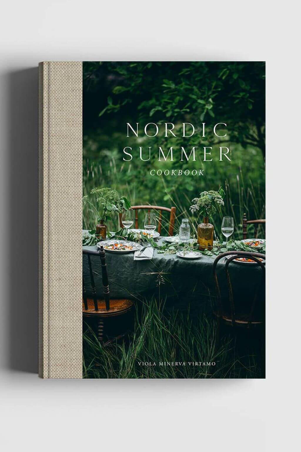 Nordic Summer Cookbook hardcover with woven linen spine by Viola Minerva Virtamo