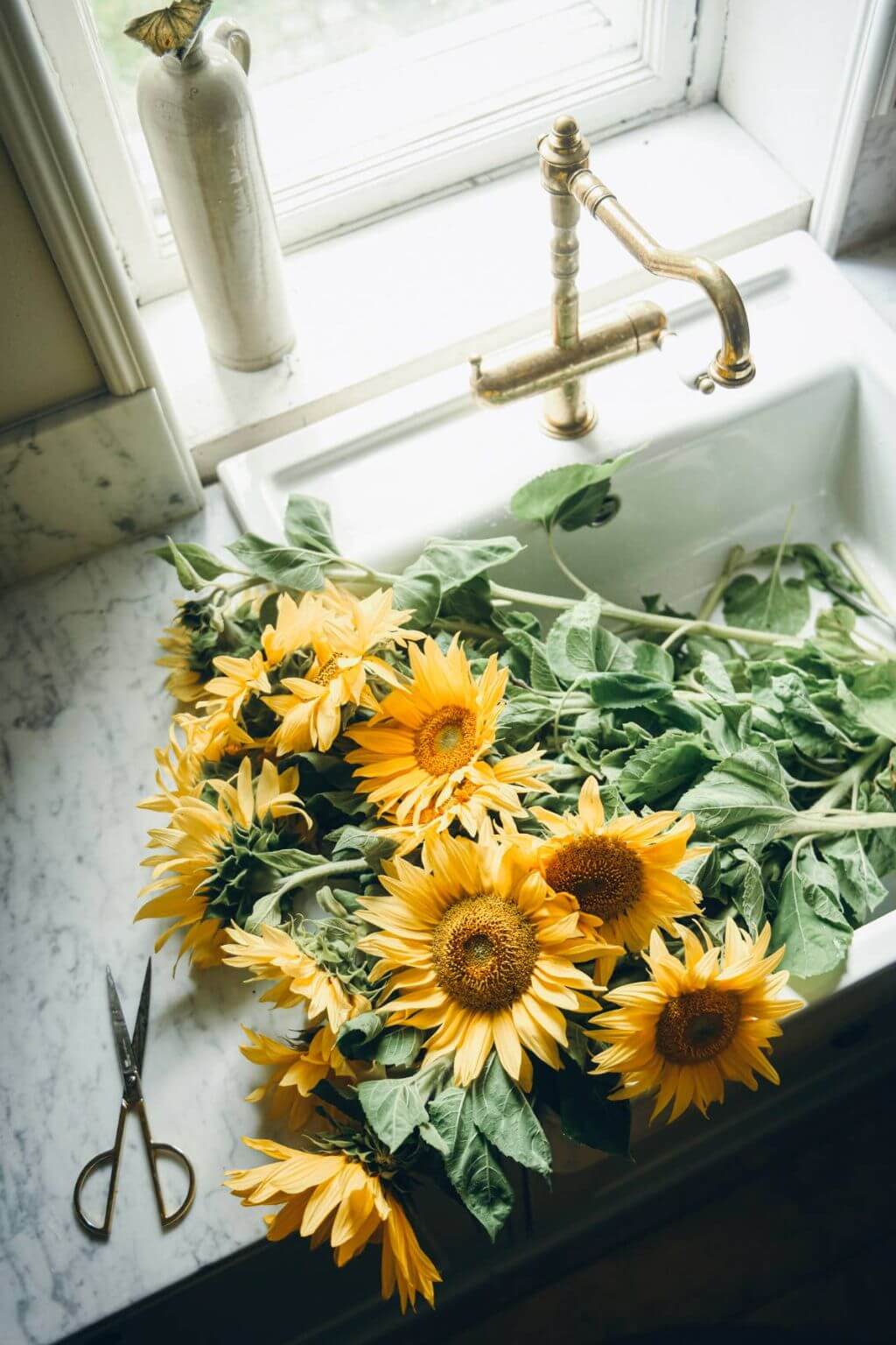Fresh sunflowers and garden vegetables in Scandinavian summer kitchen scene