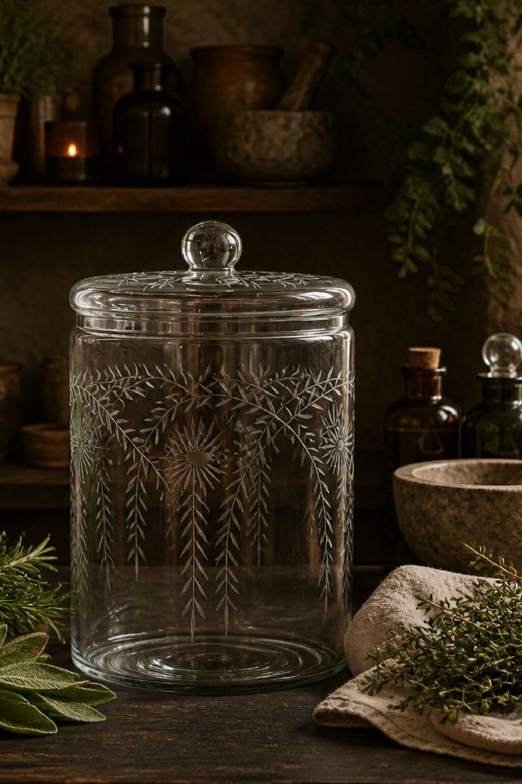A clear glass canister with a matching lid, featuring etched floral and geometric patterns, displayed on a rustic wooden table surrounded by herbs, a stone bowl, and dark glass bottles.