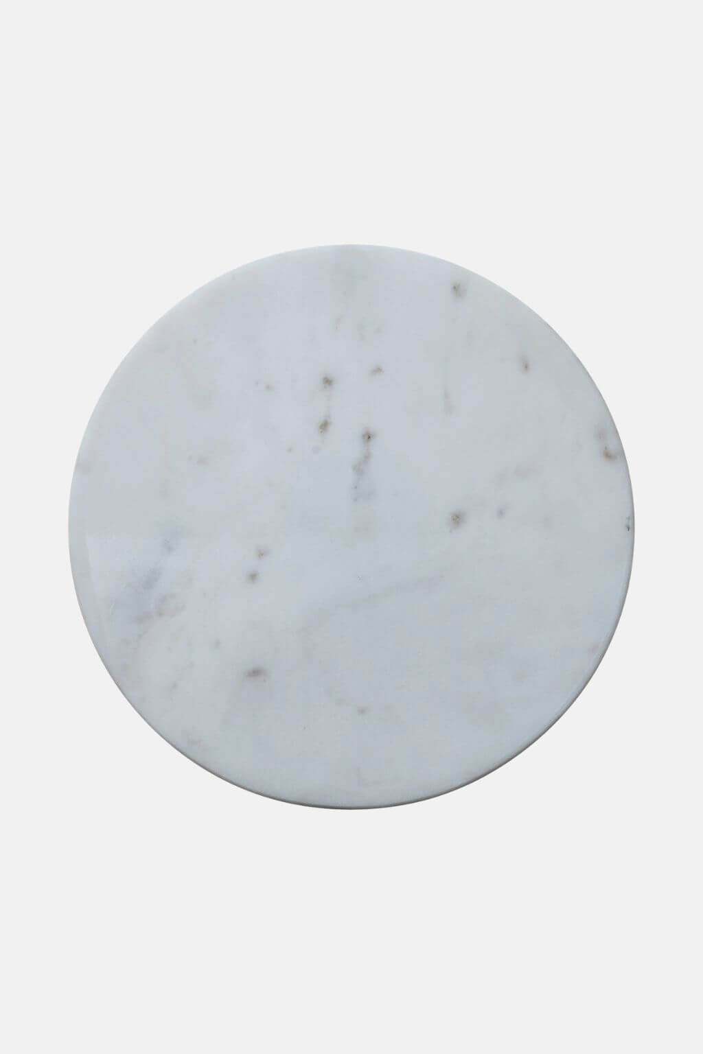 A round white marble board with subtle gray and brown veining, centered on a light gray background.