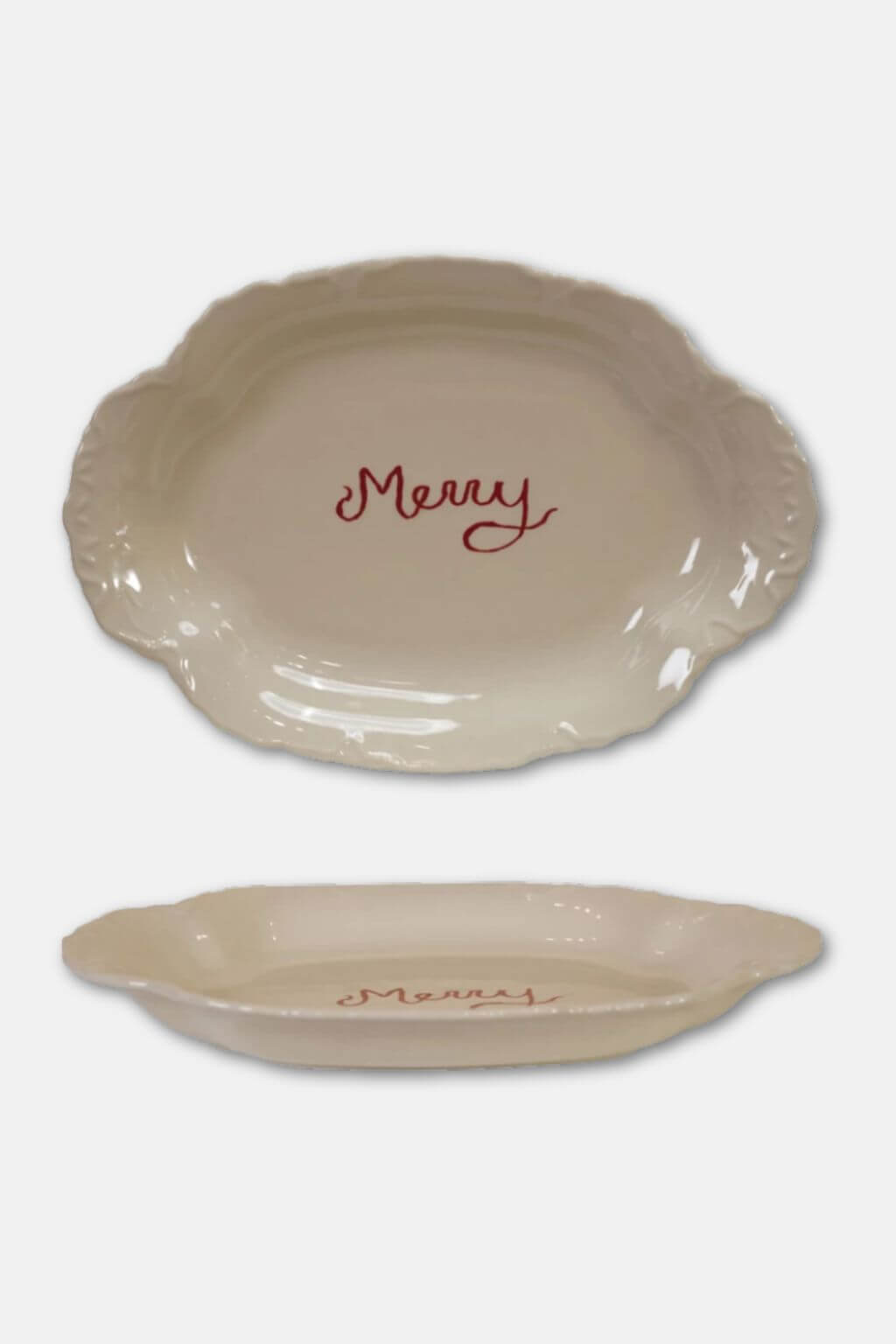 Merry Scalloped Stoneware Platter with Embossed Edge