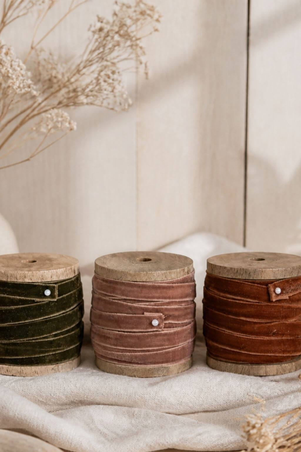 Earth-Toned Velvet Ribbon on Wood Spool