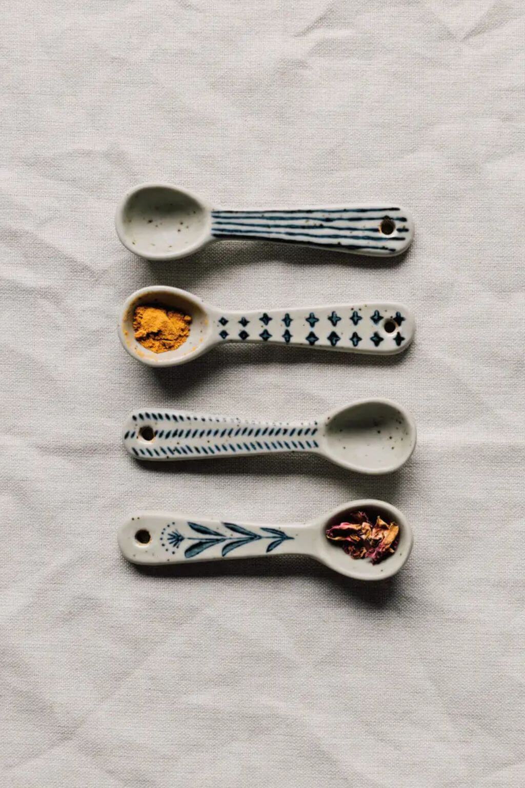 stoneware mini spoons set indigo patterned spice spoons
