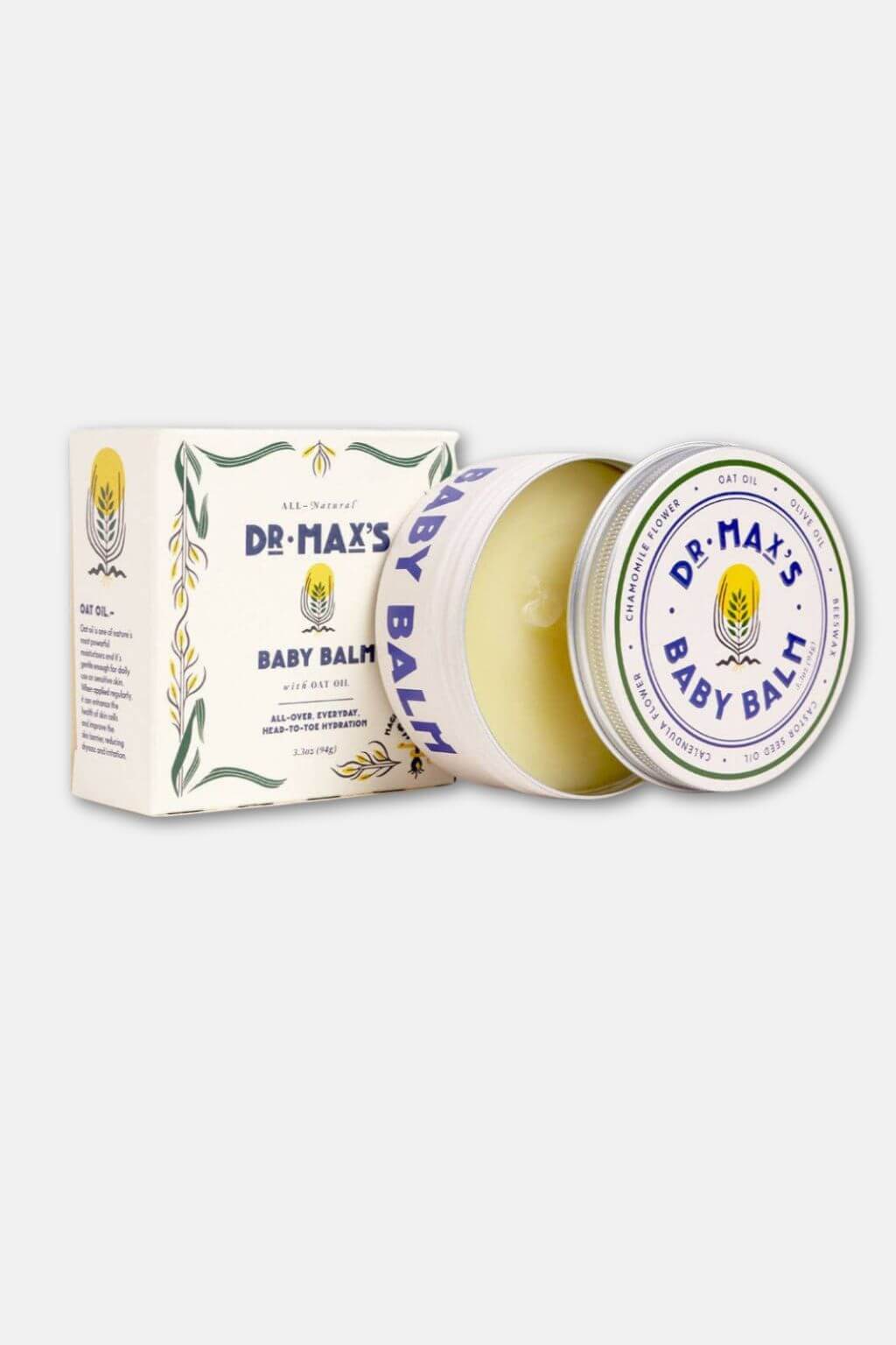 Open tin of baby balm showing creamy texture