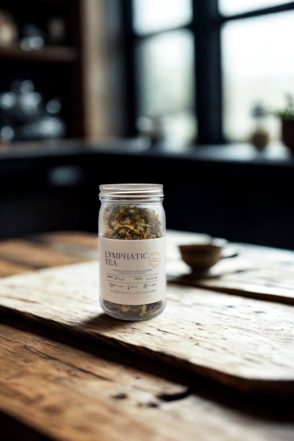 Lymphatic Tea jar on rustic wooden surface in cozy apothecary setting