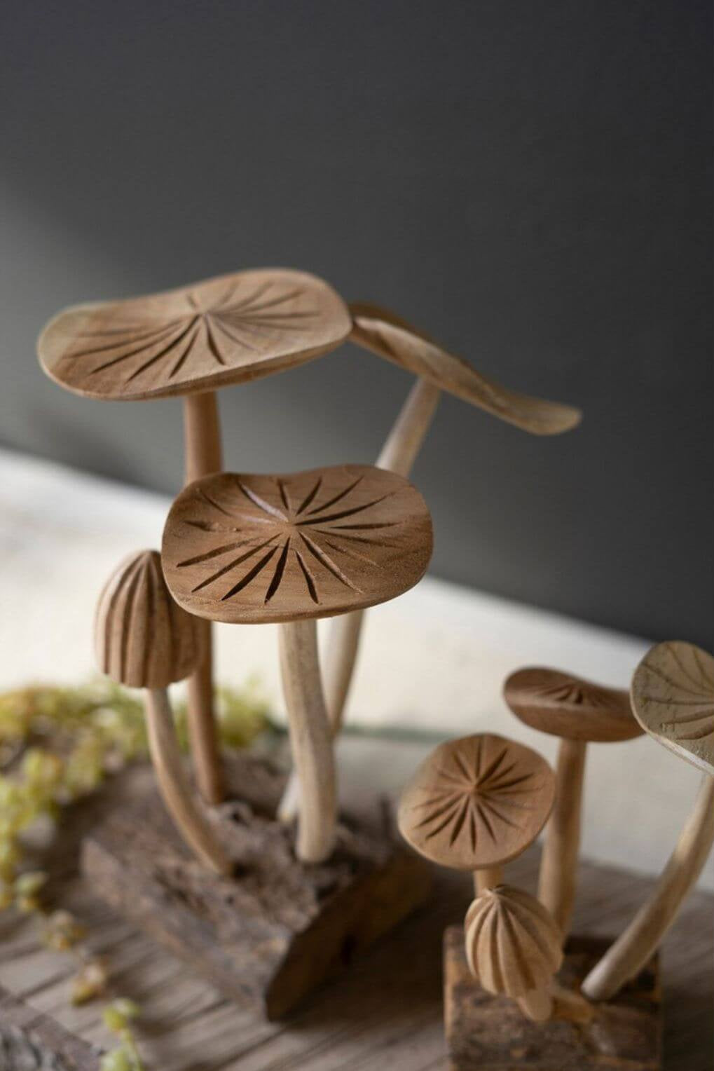 Close up of carved wooden mushroom caps with natural grain