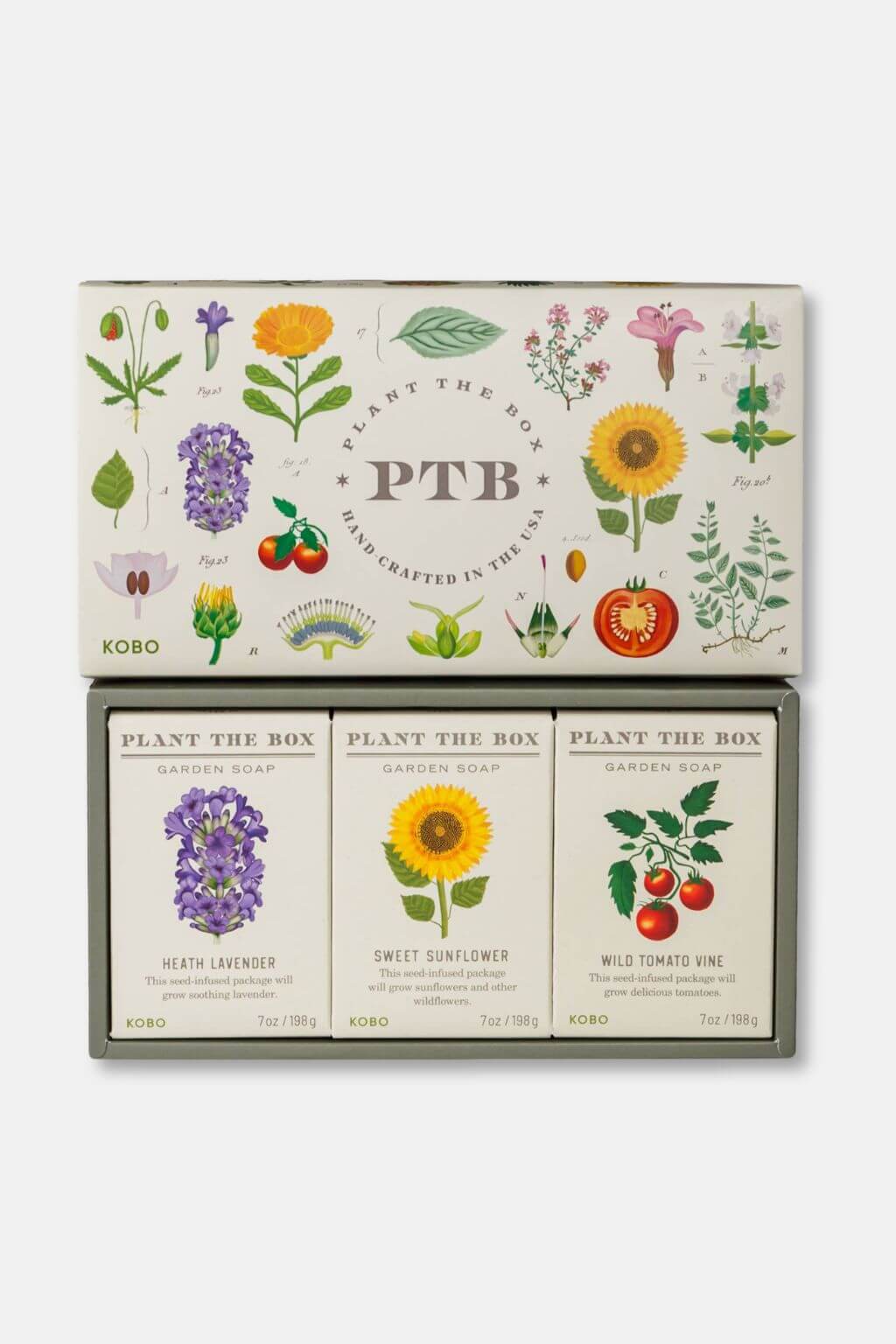 Plant the Box gift set by KOBO, featuring a decorative illustrated box lid and three individual soap bars below: Heather Lavender, Sweet Sunflower, and Wild Tomato Lime.