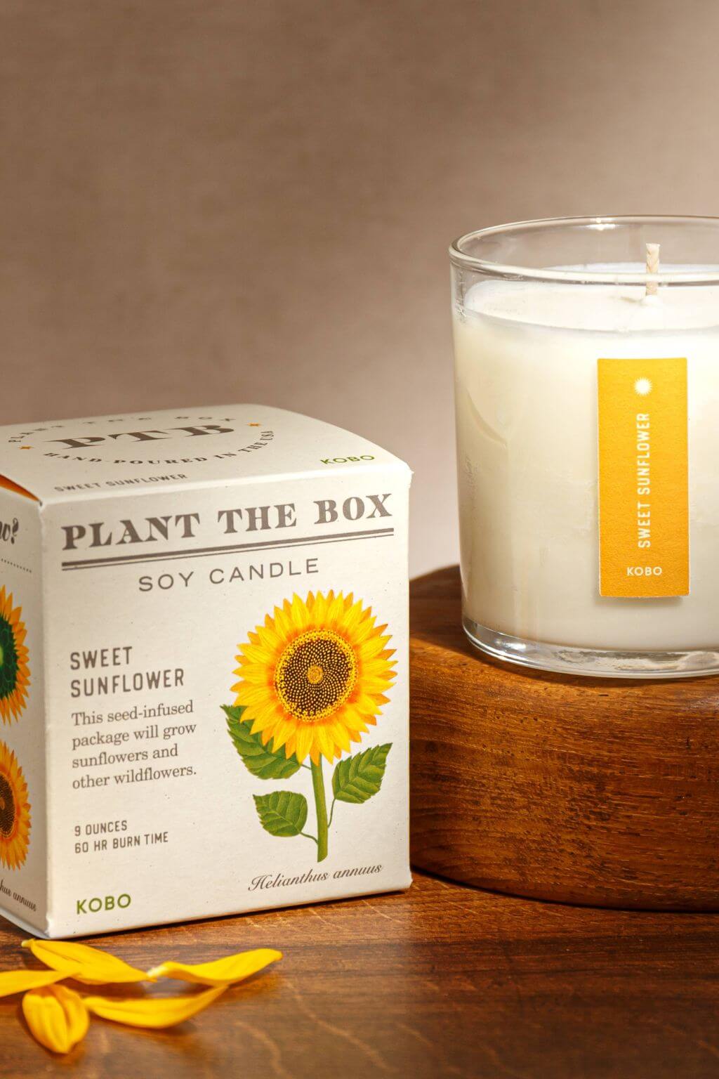 A Kobo 'Plant the Box' soy candle in the 'Sweet Sunflower' scent, shown with its illustrated cardboard box and a lit candle in a clear glass jar on a wooden surface.