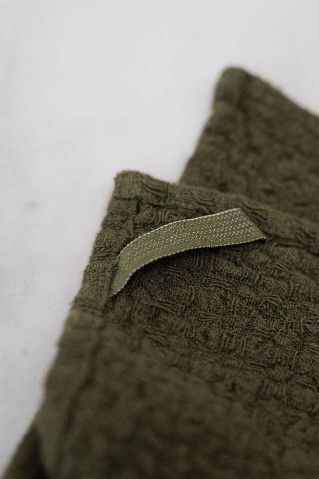 Martini olive linen waffle dishcloth with woven hanging loop detail
