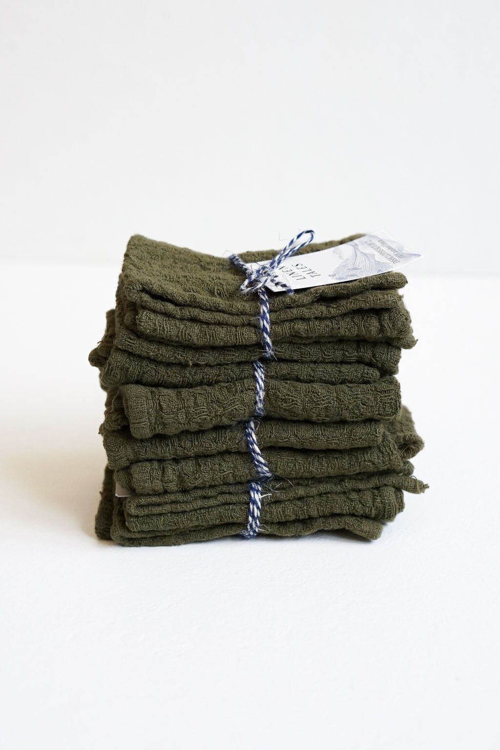 dMartini olive linen waffle dishcloth sets neatly stacked and tied with twine