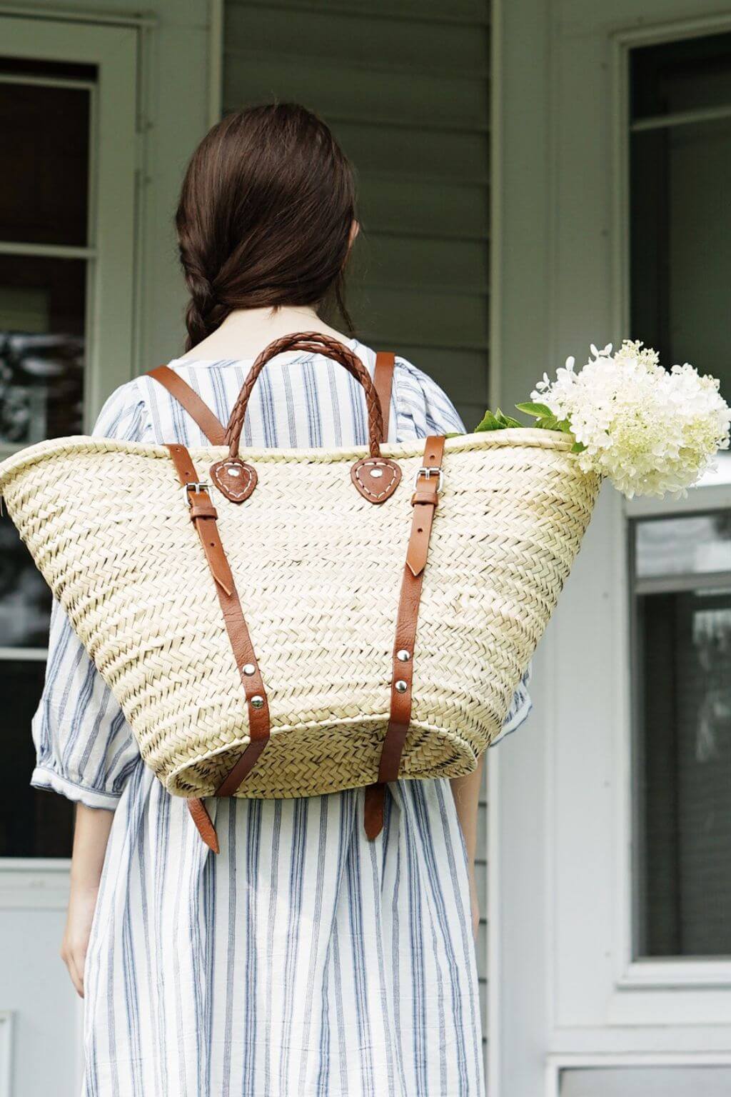 Woven Market Basket Backpack | French Harvesting Basket with Brown Leather Straps