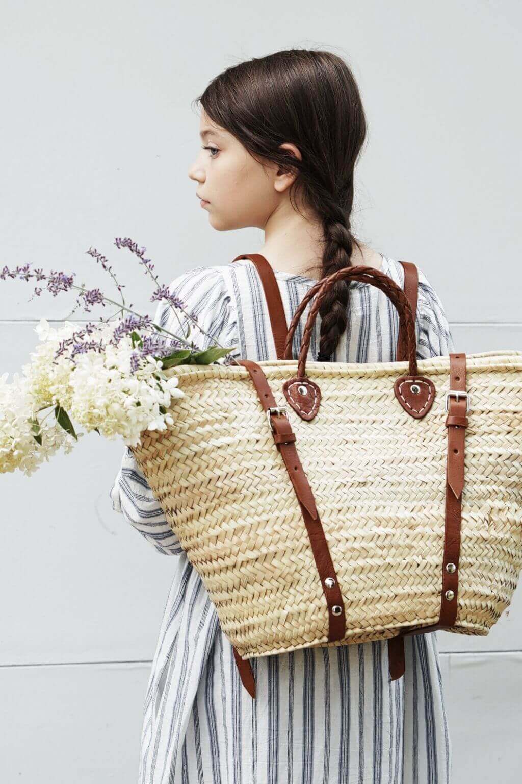 Woven Market Basket Backpack | French Harvesting Basket with Brown Leather Straps