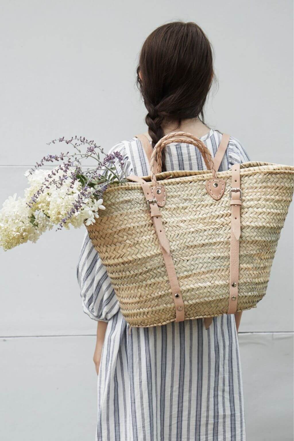 Woven Market Basket Backpack | French Harvesting Basket with Natural Leather Straps