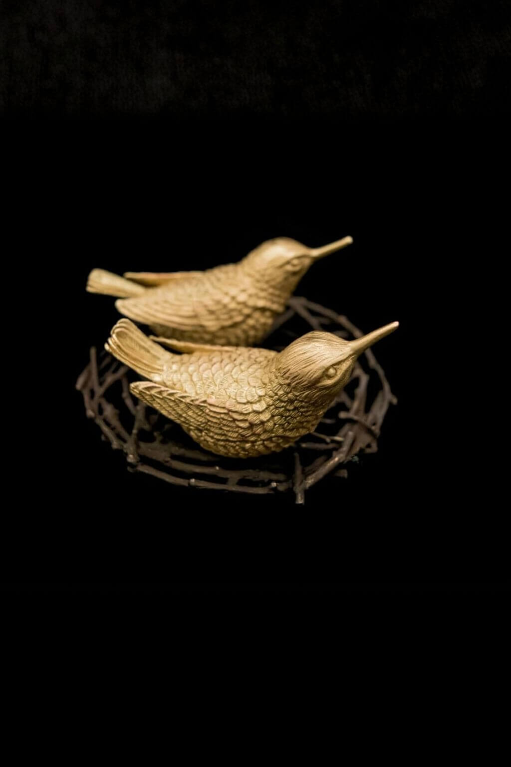 Two artisan bronze bird salt + pepper shakers with textured scales, perched on a twig-like circular base, photographed against a solid black background.