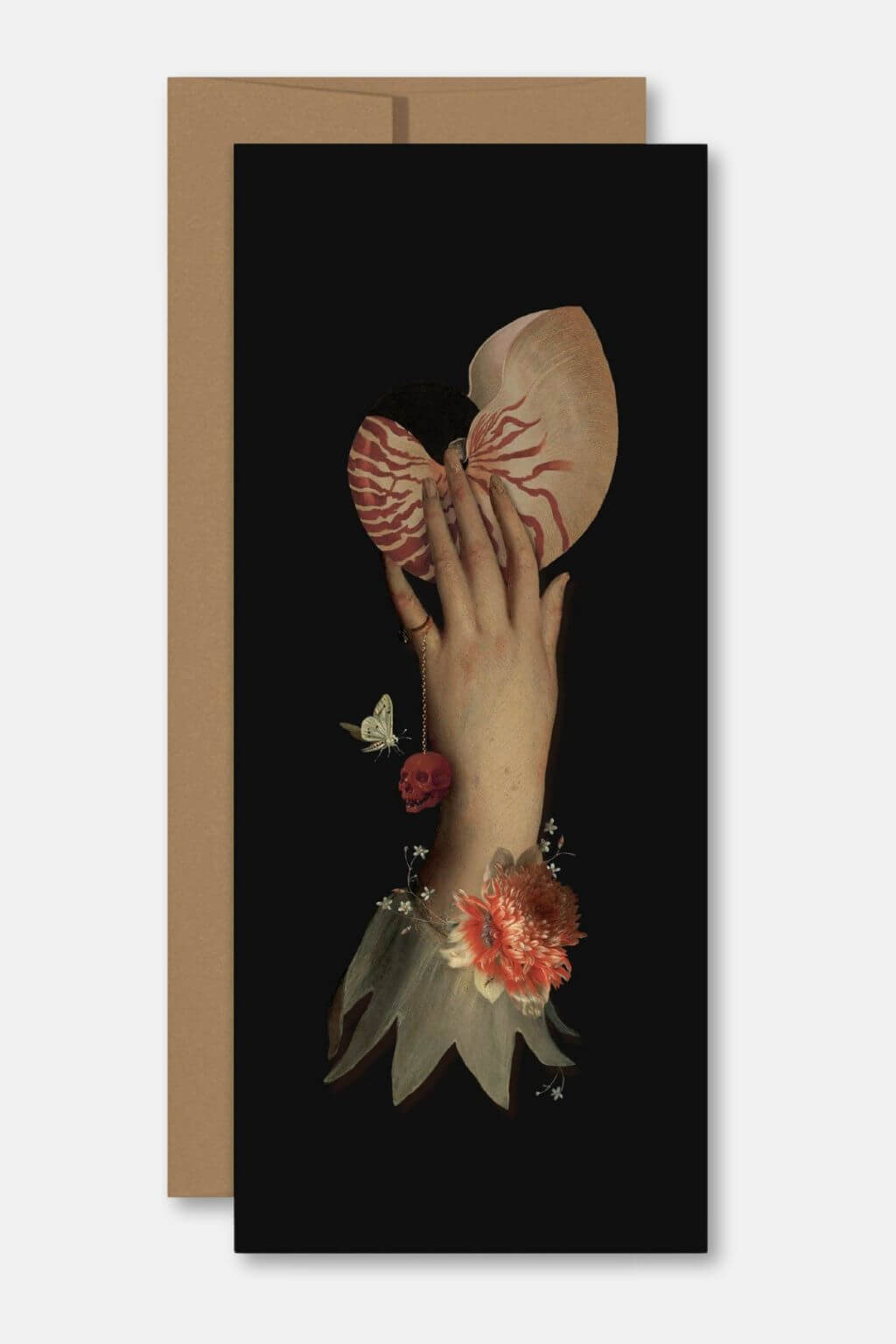 Red Nautilus folded art card with surreal botanical hand illustration