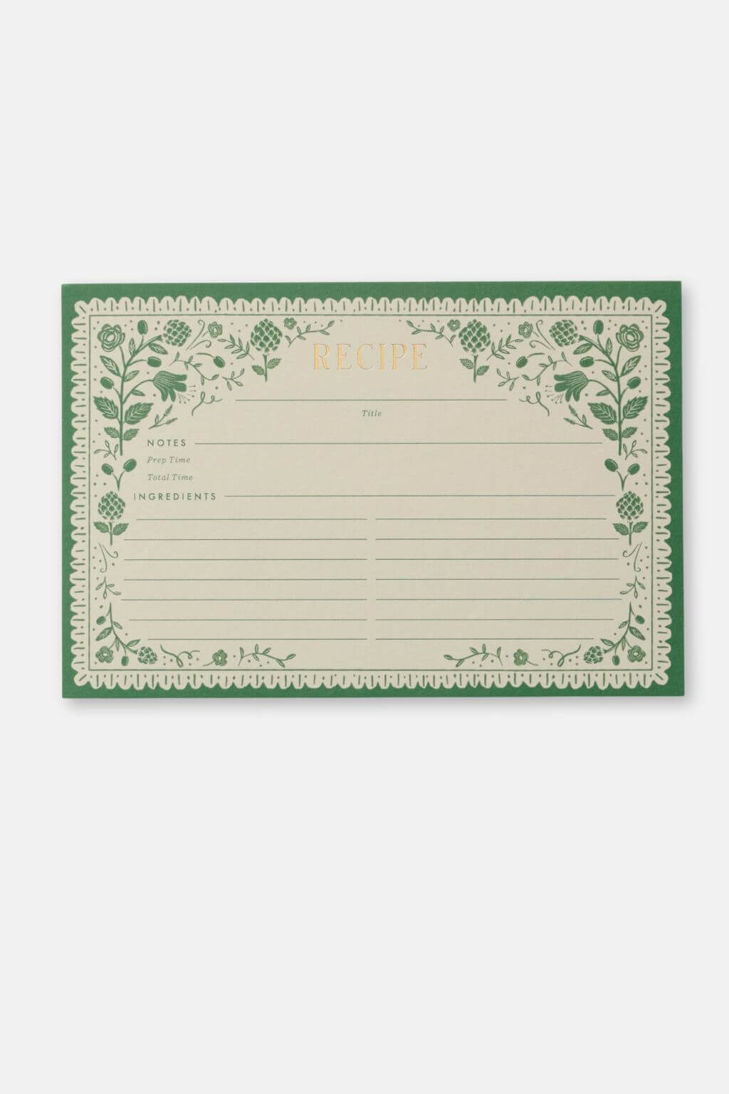 Front of Rifle Paper Co. Artichoke Recipe Card with green floral border