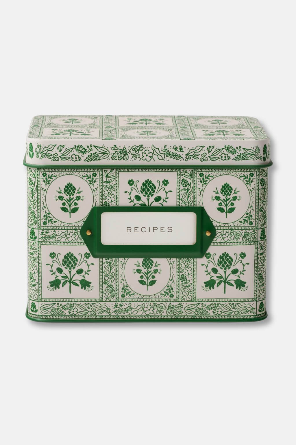Rifle Paper Co. Artichoke Heirloom Recipe Tin with intricate botanical pattern and “Recipes” label