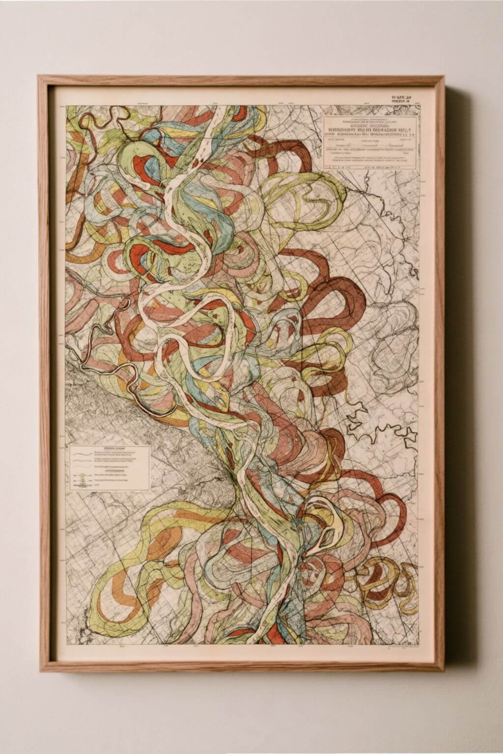 A framed abstract art print featuring flowing, ribbon-like lines in muted red, green, yellow, and blue over a cream-toned map background, displayed on a light beige wall.