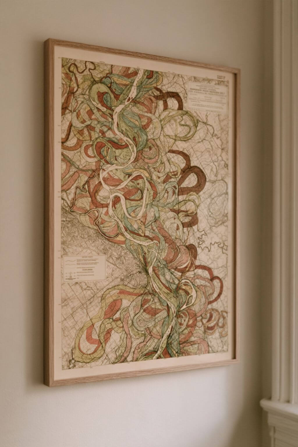 A framed vintage-style map print hanging on a beige wall, showing swirling river or path-like lines in muted green, rust red, and tan tones within a light wood frame.