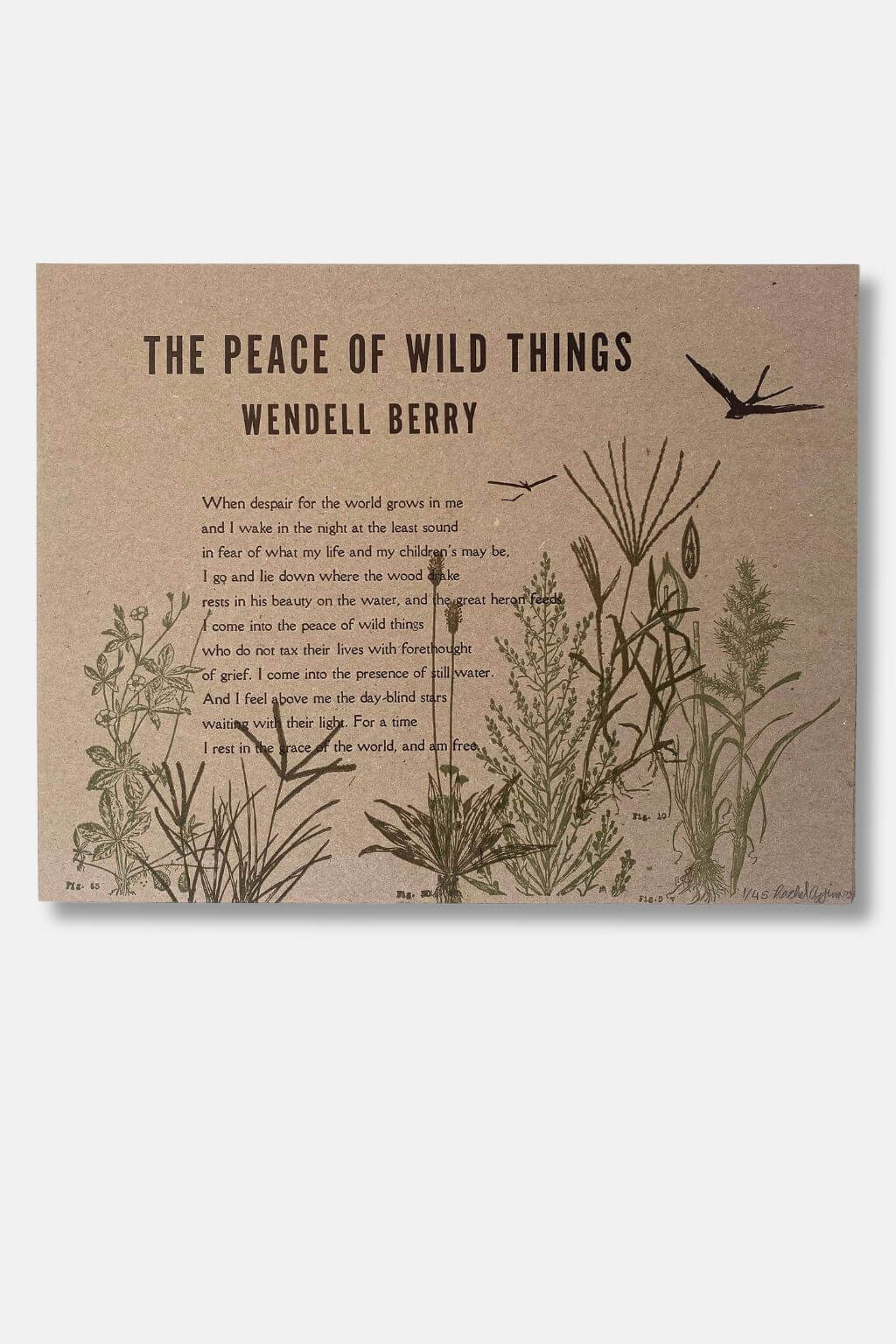 An art print featuring the poem 'The Peace of Wild Things' by Wendell Berry, printed in black text on a textured tan background with botanical line drawings of plants and birds.