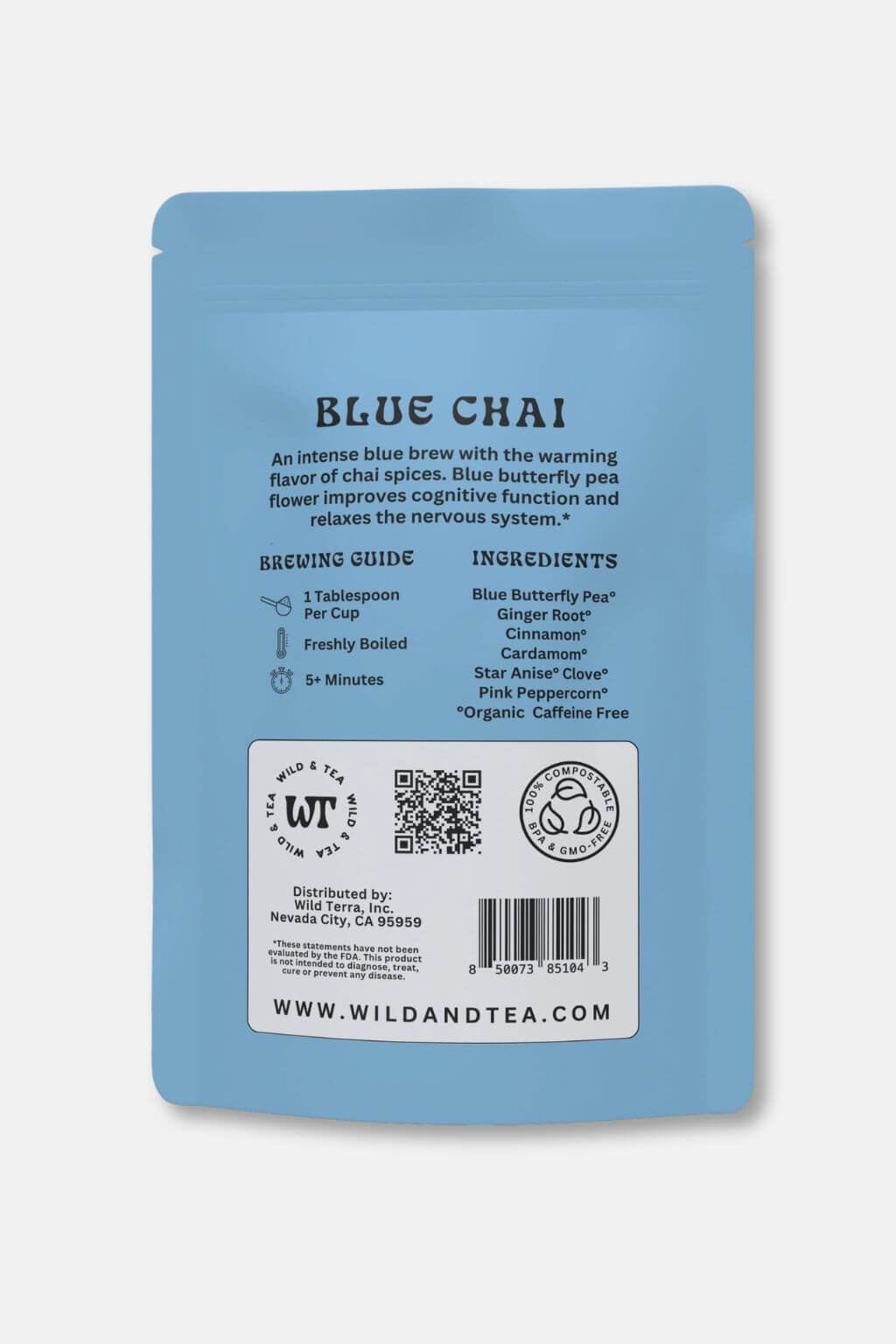 The back of a light blue Wild And Tea Blue Chai tea pouch, showing brewing guide, ingredients, and brand information on a light gray background.