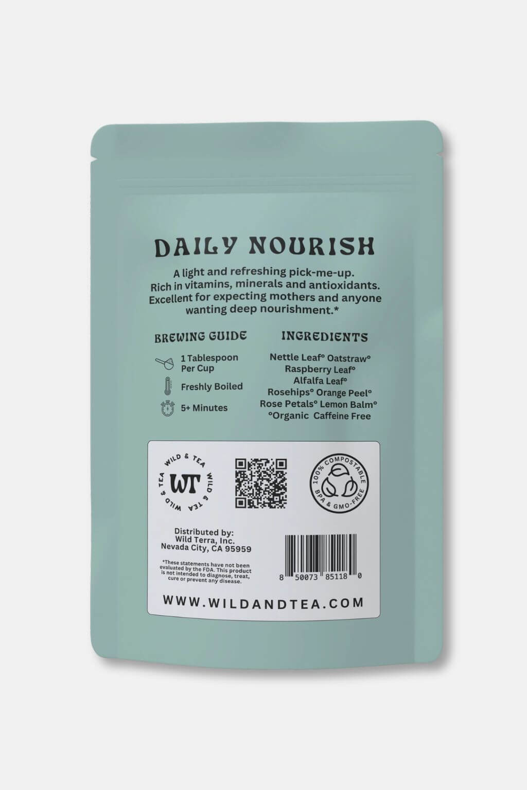 A light sage green stand-up pouch of Wild And Tea Daily Nourish tea, featuring a white label with brewing instructions and ingredients.