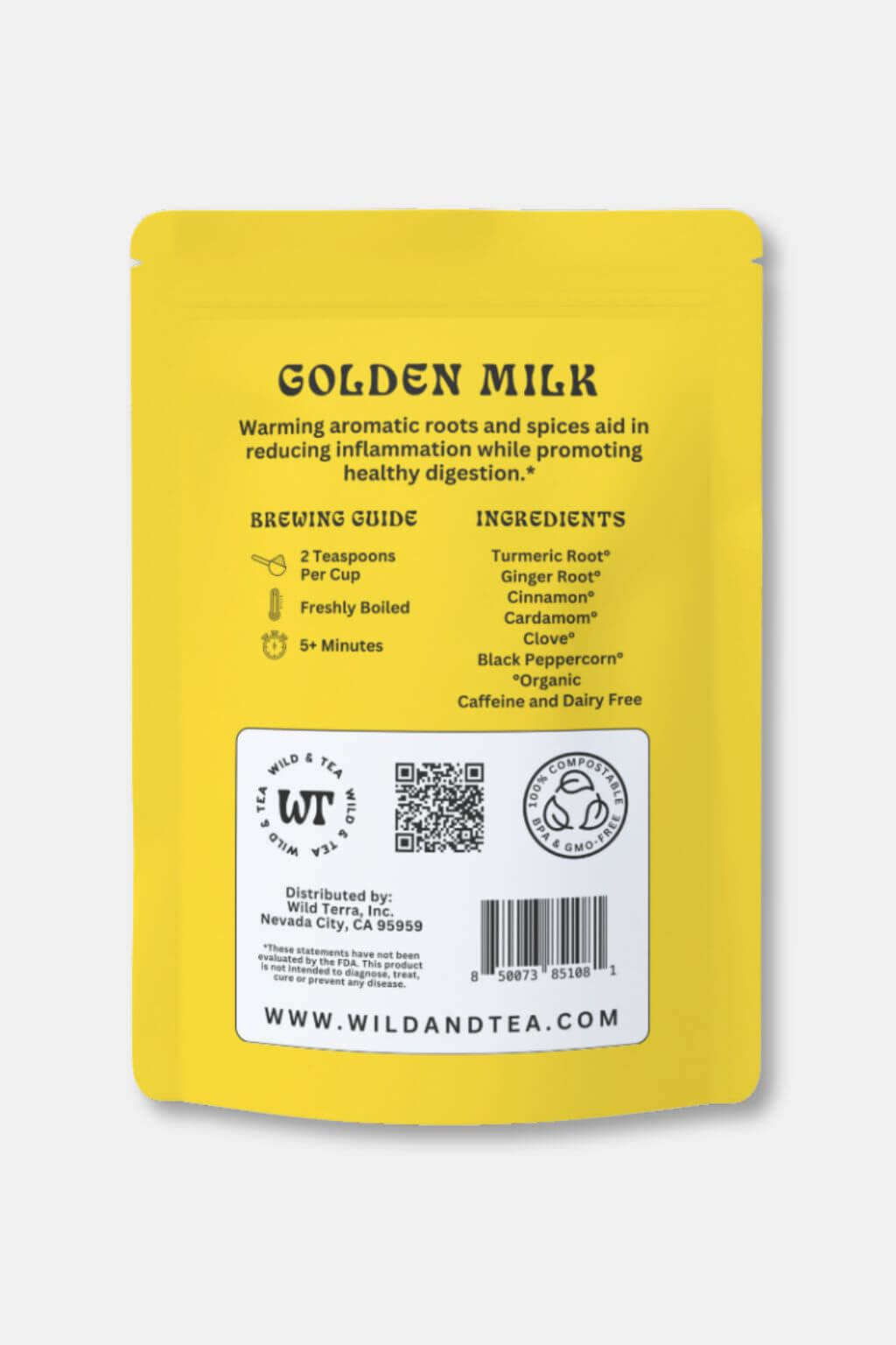 The back of a bright yellow Wild And Tea Golden Milk pouch, featuring brewing guide text, ingredients list, QR codes, and a barcode on a light gray background.