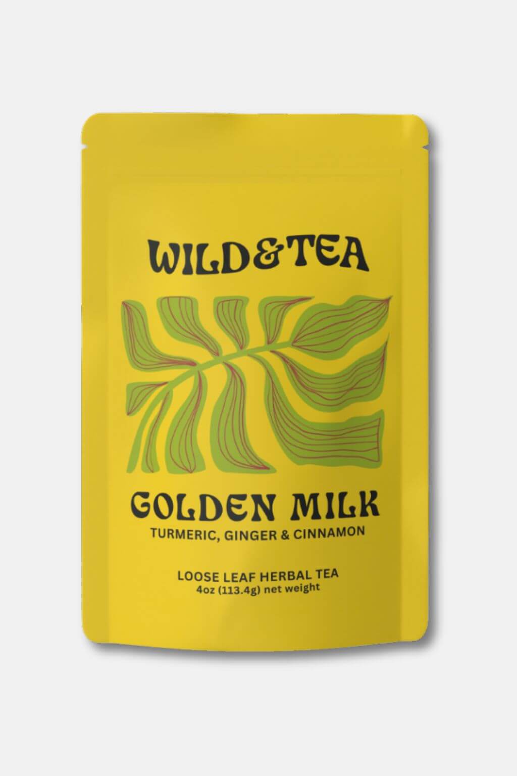 A yellow stand-up pouch of Wild & Tea Golden Milk loose leaf herbal tea, featuring a green leaf graphic and black text on a light gray background.