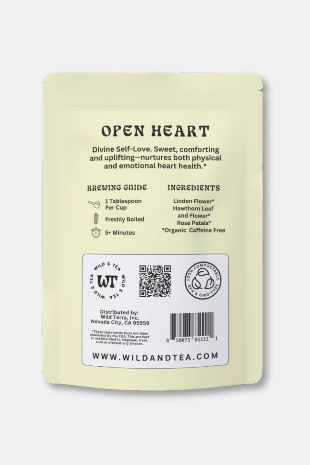 Back view of a pale yellow-green stand-up pouch package for Wild And Tea's 'Open Heart' herbal tea, featuring brewing guide, and ingredients on a white background.