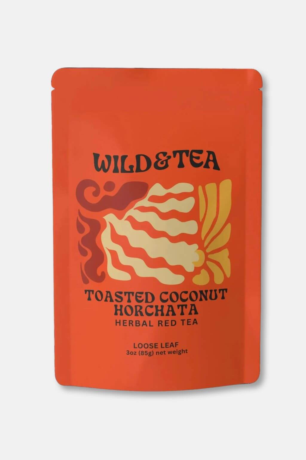 A red stand-up pouch of Wild & Tea Toasted Coconut Horchata Herbal Red Tea loose leaf, featuring a graphic of a striped coconut and orange-red swirls on a light gray background.
