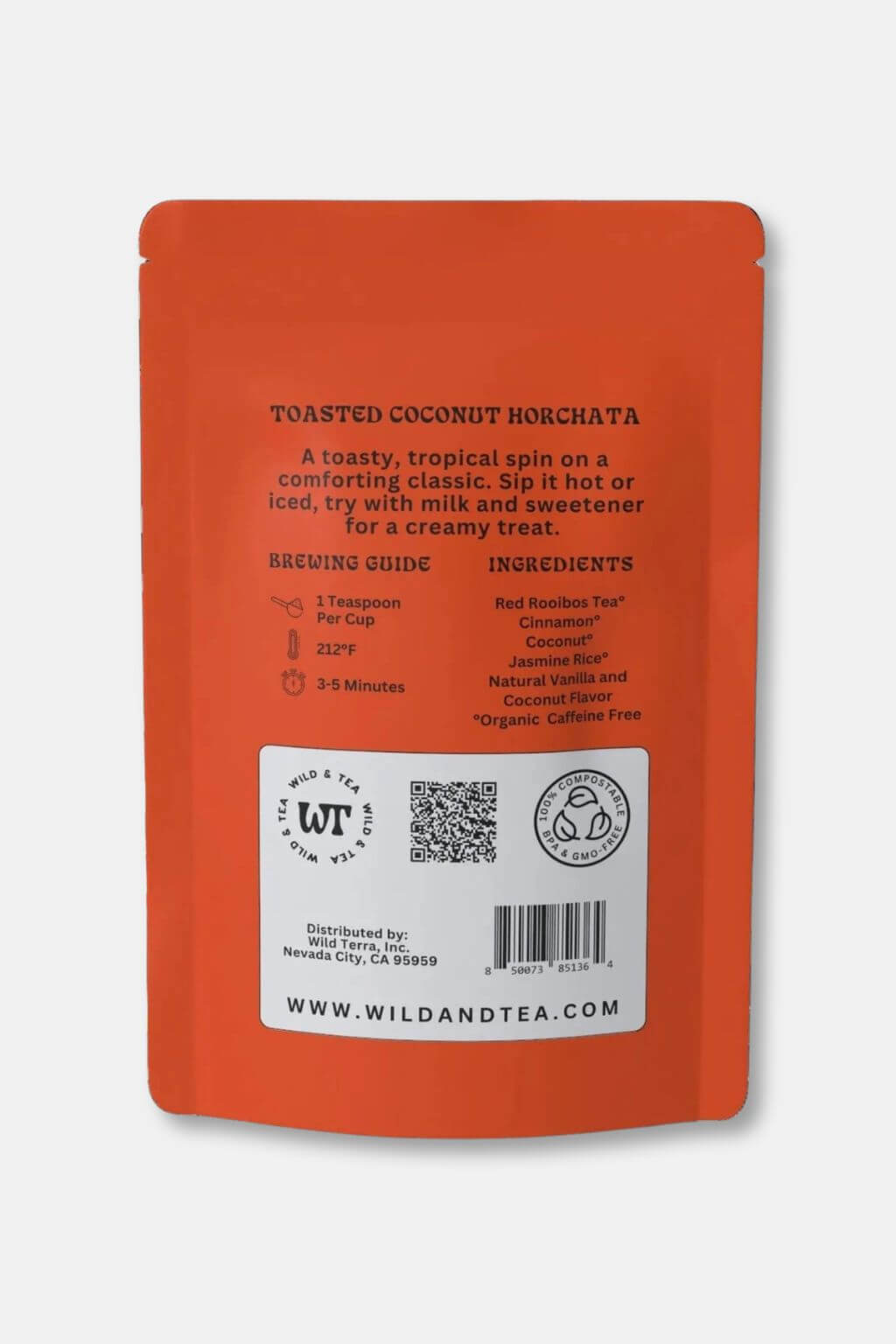 The back of a matte orange stand-up pouch for Wild and Tea's Toasted Coconut Horchata, featuring brewing guide and ingredients.