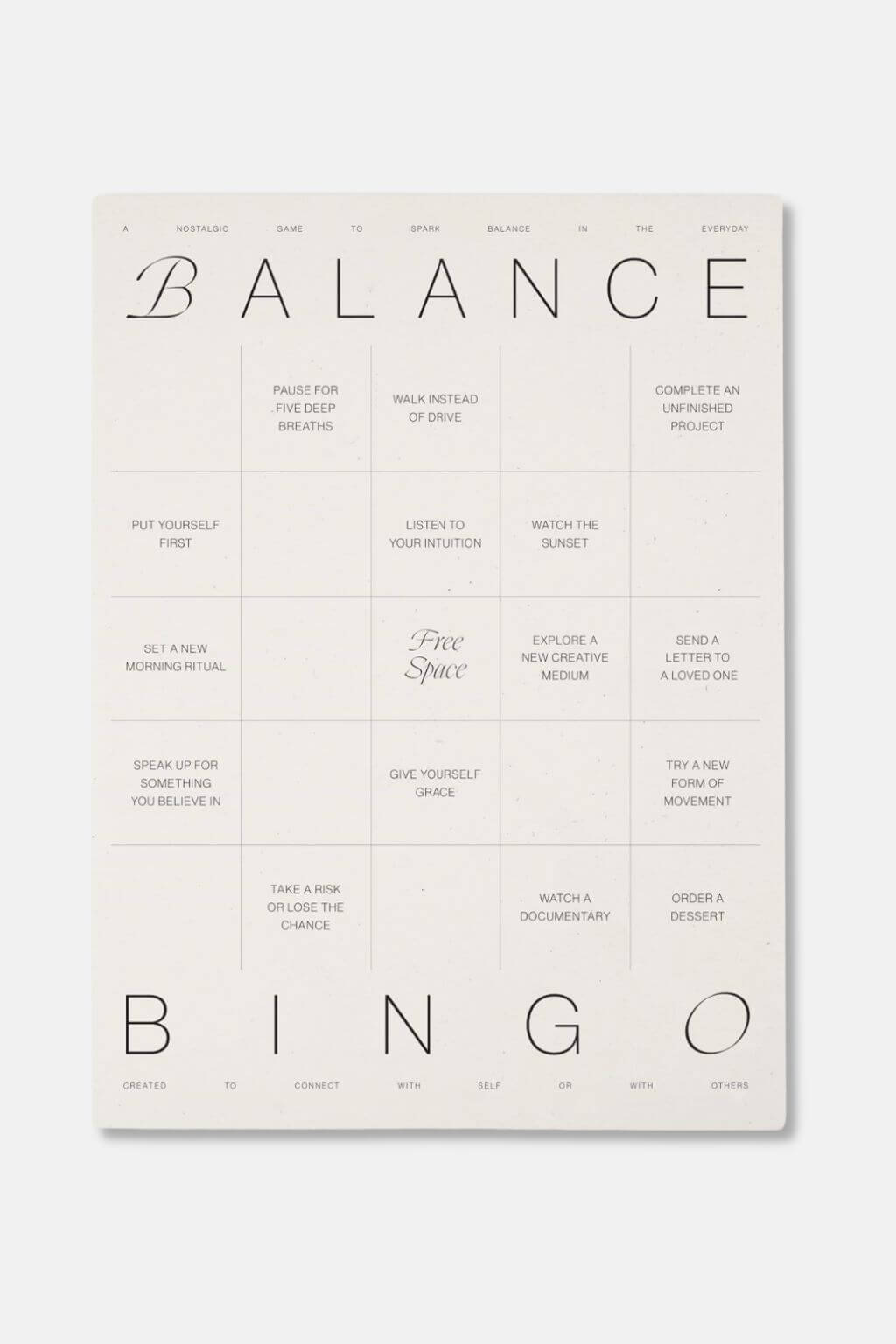 Balance Bingo board with various activities on a white background