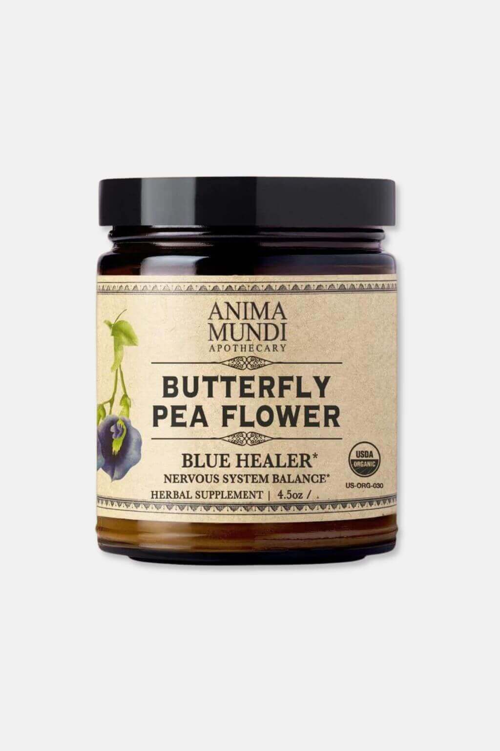 Jar of Anima Mundi Butterfly Pea Flower supplement on a white background