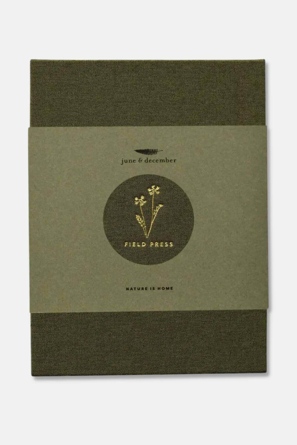 Green Linen flower press kit embossed in gold with 'Field Press'