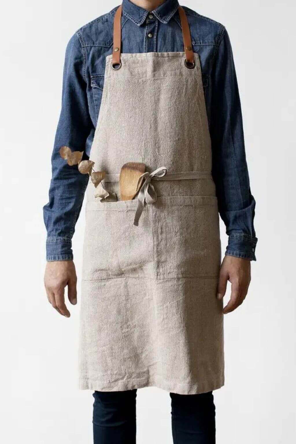 Natural washed linen luxury apron with adjustable leather neck strap