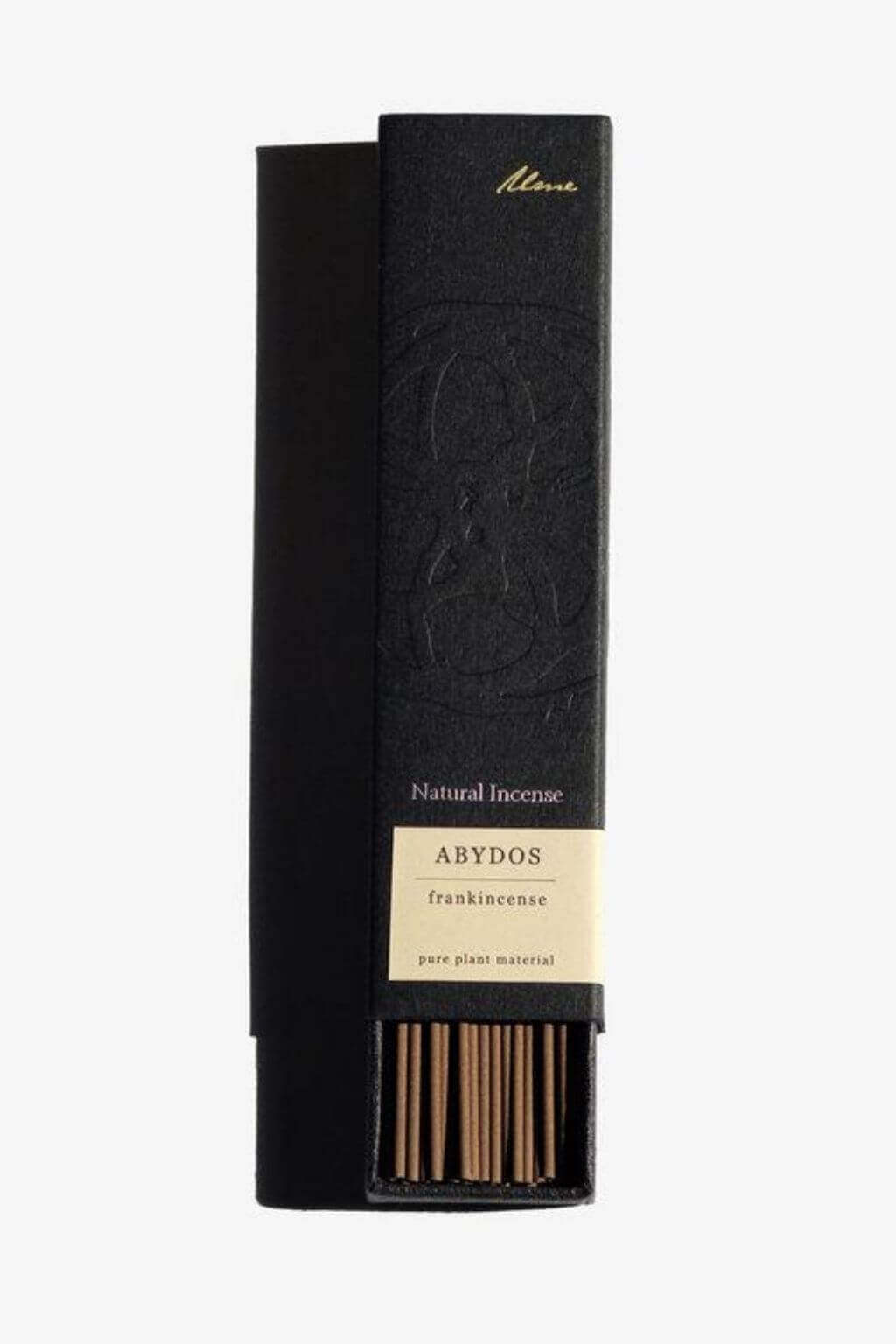 Abydos natural frankincense incense sticks by Ume in embossed black paper slide box