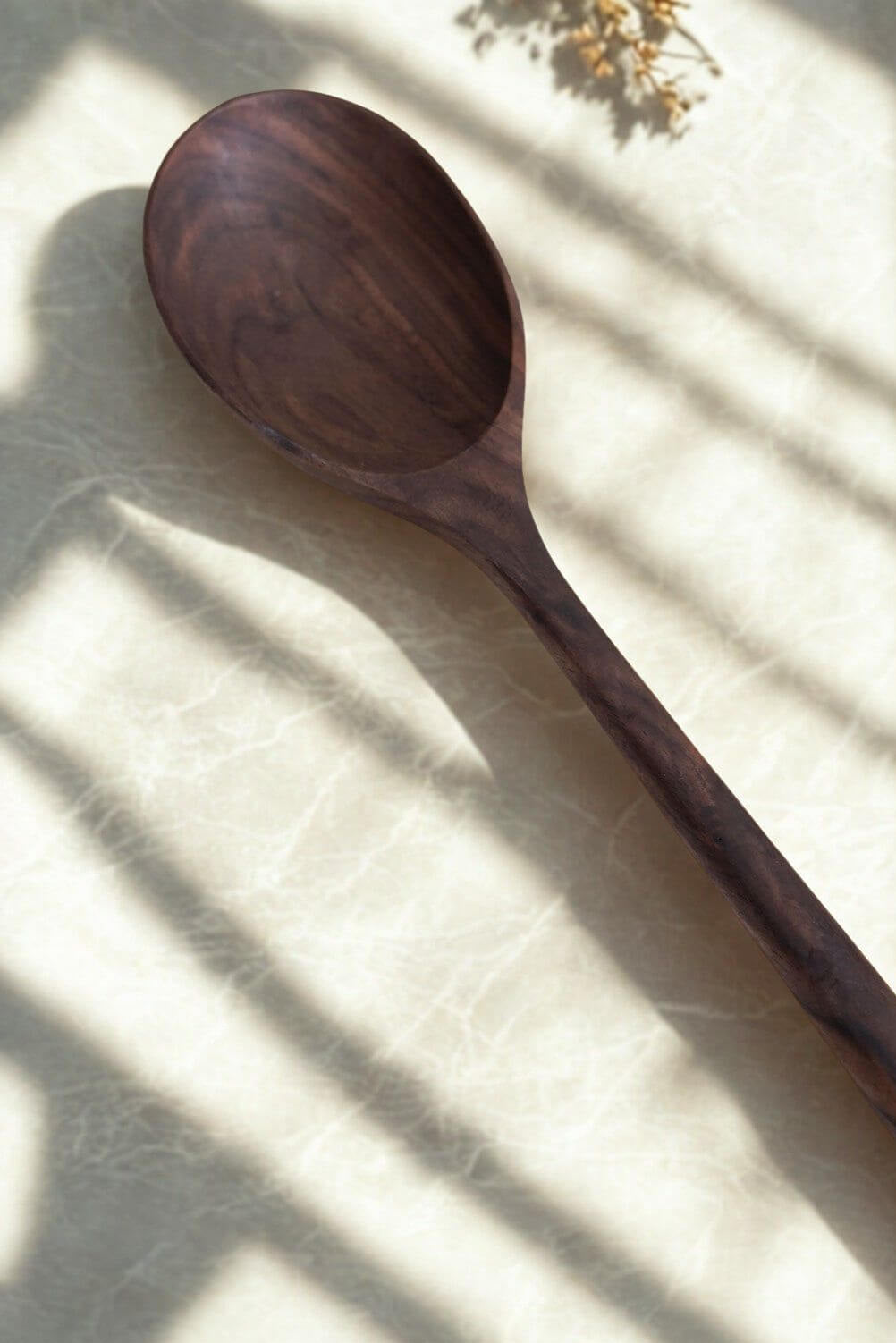 Large walnut wooden spoon showcasing rich grain in soft natural light