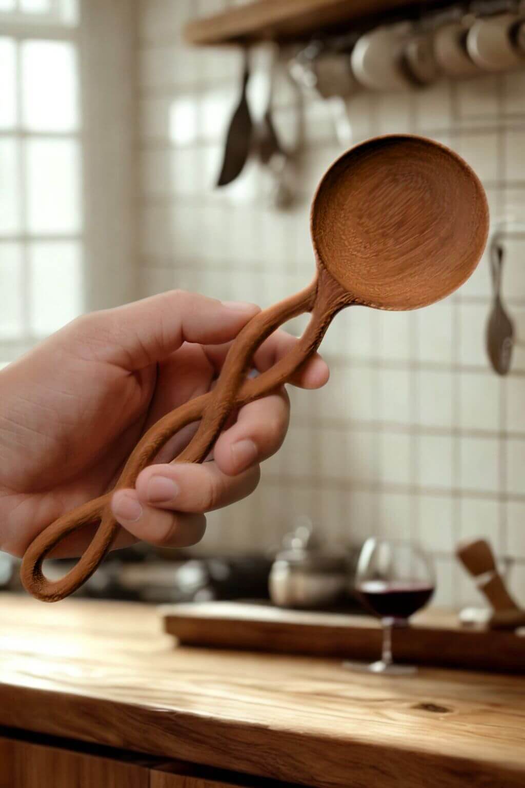 Hand holding a wooden spoon with a twisted handle in a kitchen setting with a glass of red wine and kitchen utensils in the background.