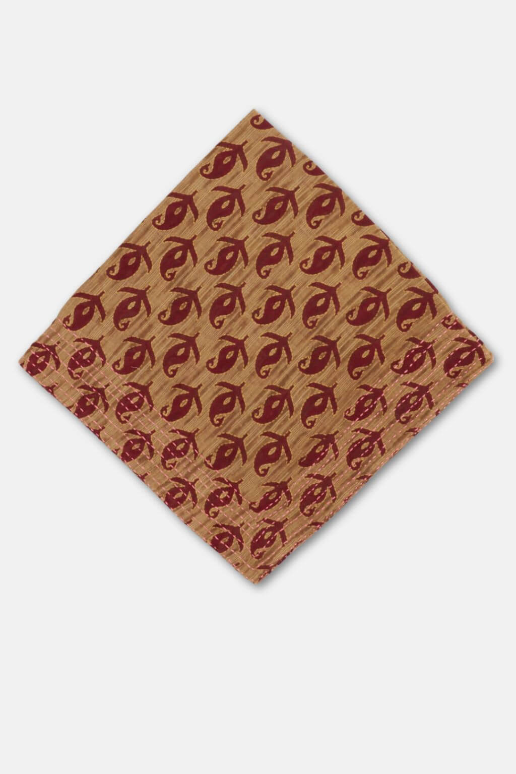 Kantha-stitched cotton bandana with rust paisley pattern on warm golden base