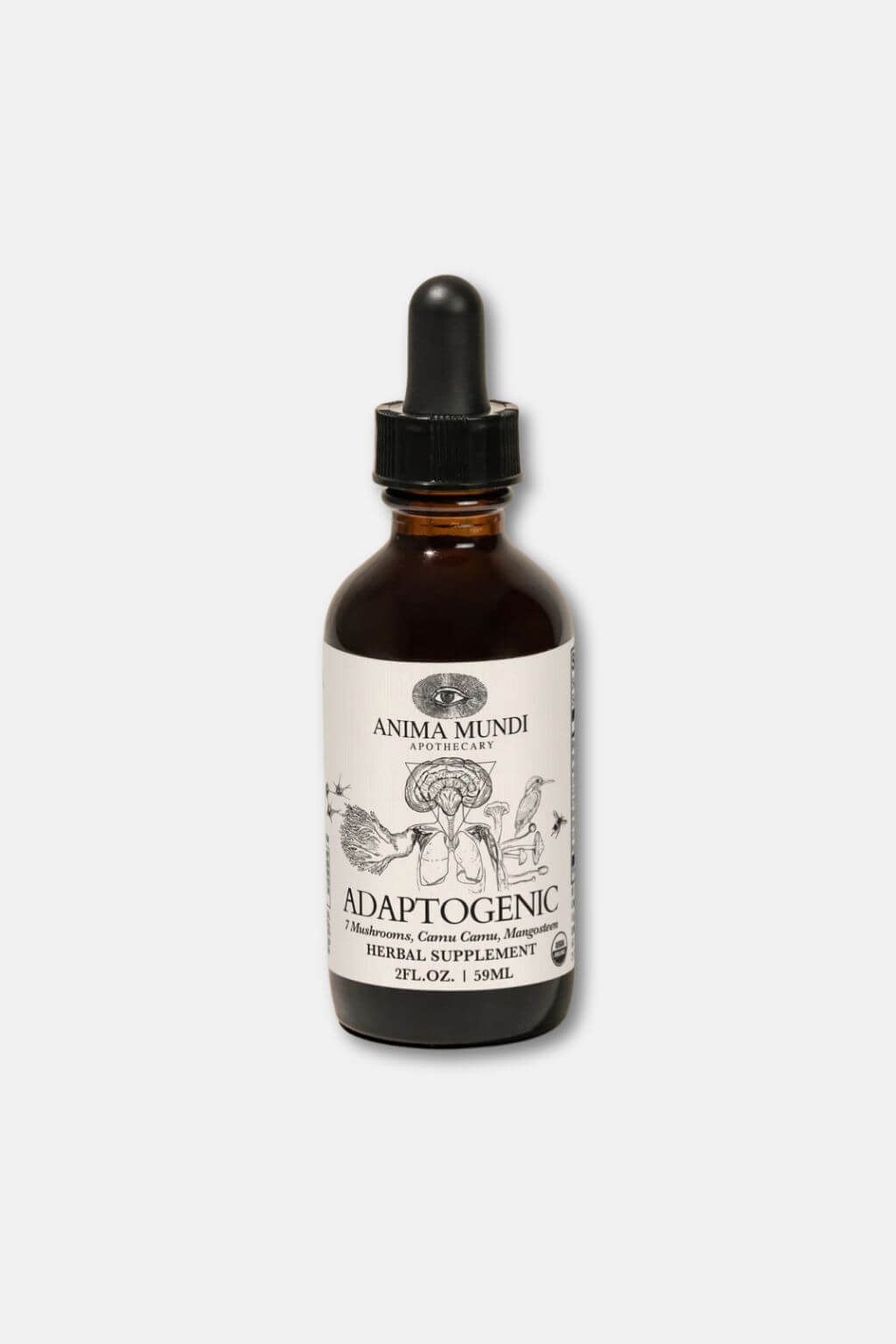 Organic Adaptogenic Tonic with 7 mushrooms, camu camu, and mangosteen in amber glass bottle by Anima Mundi