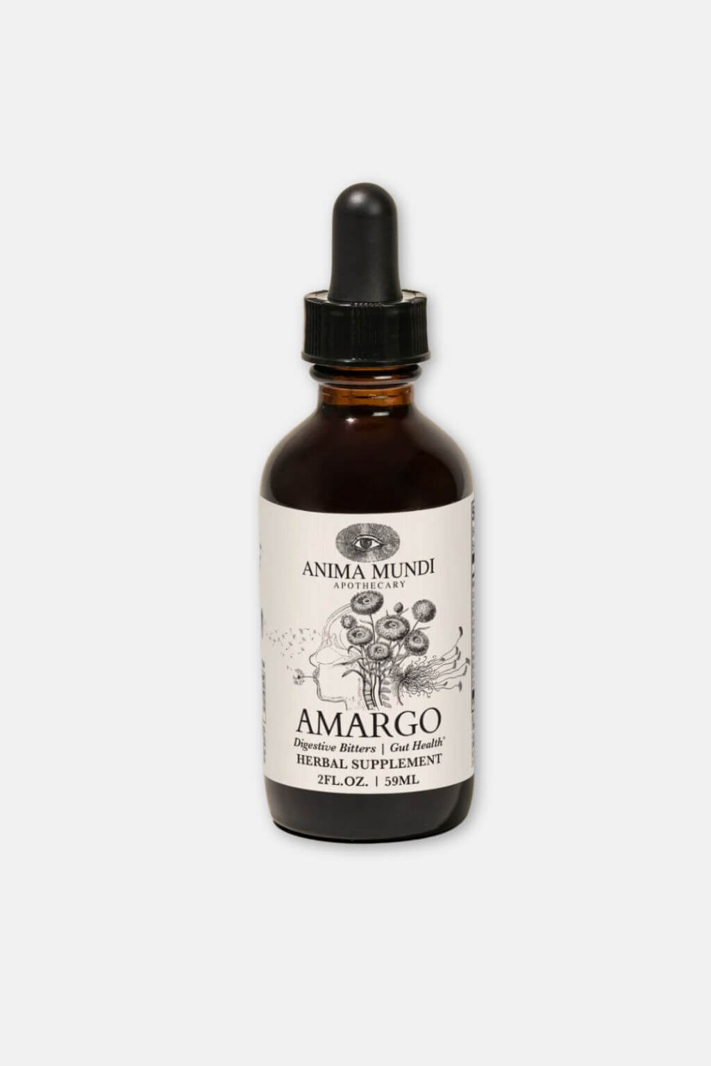 Bottle of Anima Mundi Amargo herbal bitters on a white background