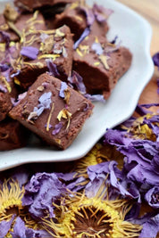 Chocolate brownie squares topped with dried blue lotus flower petals, served on a white scalloped plate with more dried flowers scattered around on a wooden surface.