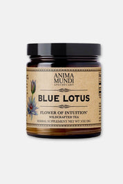 A jar of Anima Mundi Apothecary Blue Lotus Flower of Intuition wildcrafted tea, featuring a black lid and a tan paper label with botanical illustrations, set against a plain light gray background.